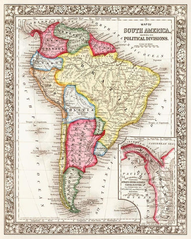Map of South America 1863 Black Ornate Wood Framed Art Print with Double Matting by Mitchell, Samuel Augustus