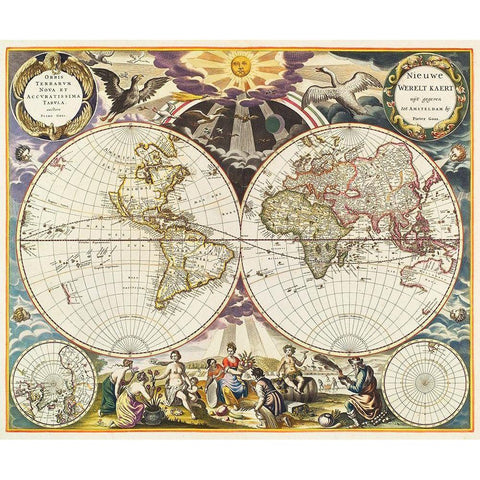 New World Map 1672 Gold Ornate Wood Framed Art Print with Double Matting by Mitchell, Samuel Augustus