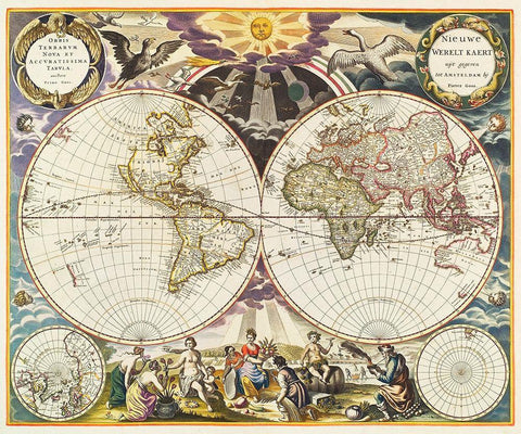 New World Map 1672 White Modern Wood Framed Art Print with Double Matting by Mitchell, Samuel Augustus