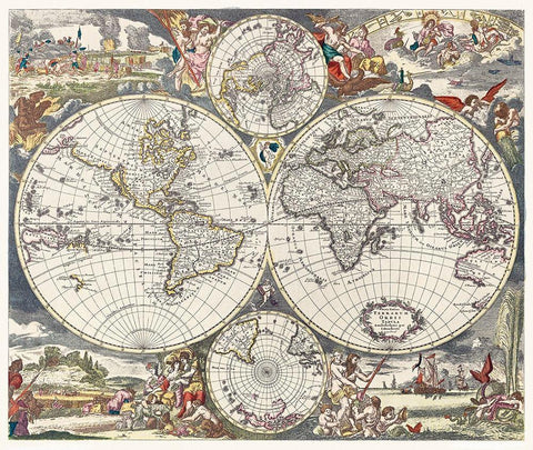 Nova Totius Terrarum orbis tabula 1660 White Modern Wood Framed Art Print with Double Matting by Danckerts, Justus