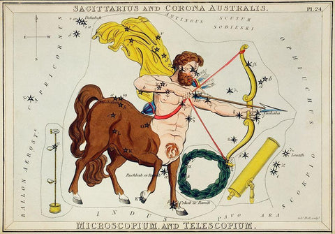 Astronomical chart illustration of Sagittarius and Corona Australis-Microscopium and Telescopium 183 White Modern Wood Framed Art Print with Double Matting by Hall, Sidney
