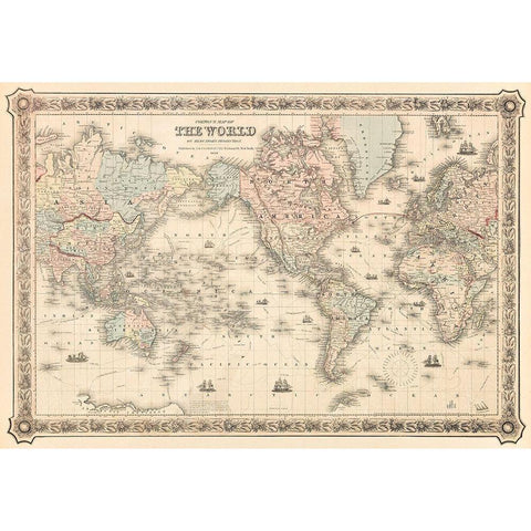 Coltons Map of the World on Mercators Projection 1858 Gold Ornate Wood Framed Art Print with Double Matting by J H Colton and Co