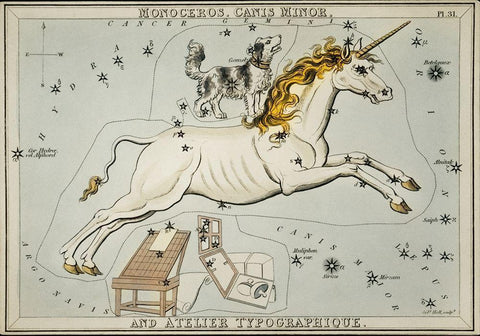 Astronomical chart illustration of the Monoceros-Canis Minor and the Atelier Typographique White Modern Wood Framed Art Print with Double Matting by Hall, Sidney