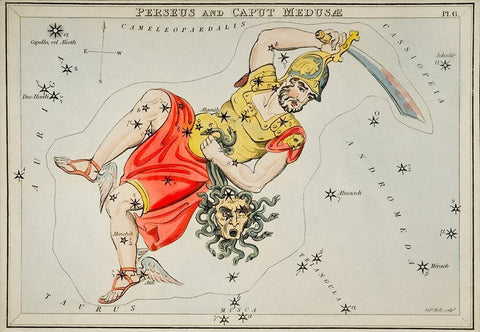 Astronomical chart illustration of the Perseus and the Caput Medusae White Modern Wood Framed Art Print with Double Matting by Hall, Sidney