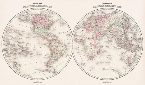 Johnsons Western and Eastern Hemisphere 1866 White Modern Wood Framed Art Print with Double Matting by Johnson and Ward