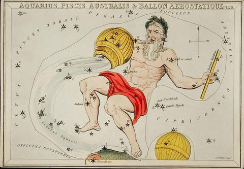 Astronomical chart illustration of the Zodiacs Aquaris-Piscis Australis and Ballon Aerostatique White Modern Wood Framed Art Print with Double Matting by Hall, Sidney