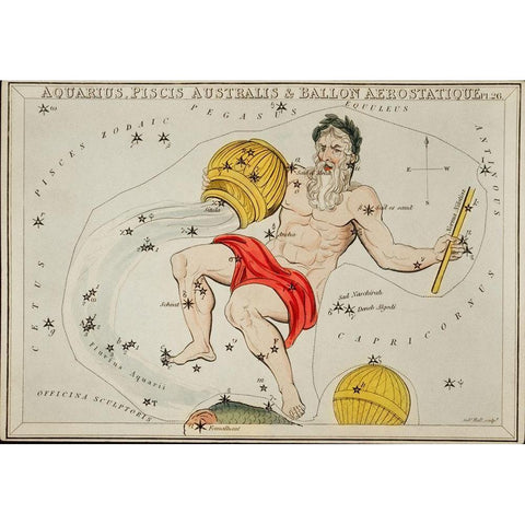 Astronomical chart illustration of the Zodiacs Aquaris-Piscis Australis and Ballon Aerostatique Black Modern Wood Framed Art Print with Double Matting by Hall, Sidney