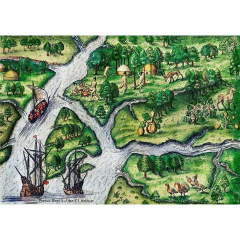 Port Royal-South Carolina illustration from Grand voyages 1596 White Modern Wood Framed Art Print by Bry, Theodor de