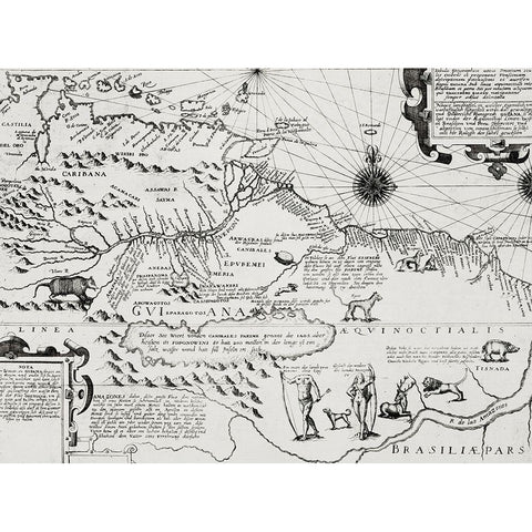 America map from Grand voyages 1596 White Modern Wood Framed Art Print by Bry, de Theodor