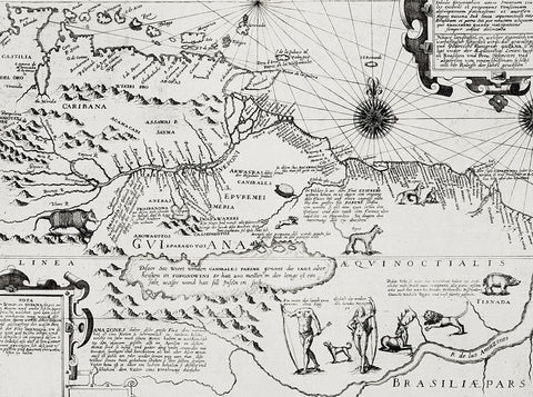 America map from Grand voyages 1596 White Modern Wood Framed Art Print with Double Matting by Bry, de Theodor