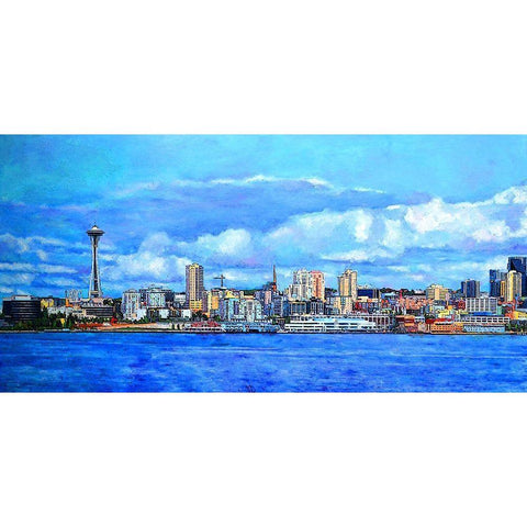 Skyline of Seattle Black Modern Wood Framed Art Print with Double Matting by Ghanooni, Sarah