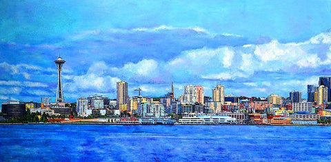 Skyline of Seattle Black Ornate Wood Framed Art Print with Double Matting by Ghanooni, Sarah