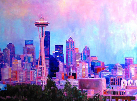 View of Seattle White Modern Wood Framed Art Print with Double Matting by Ghanooni, Sarah