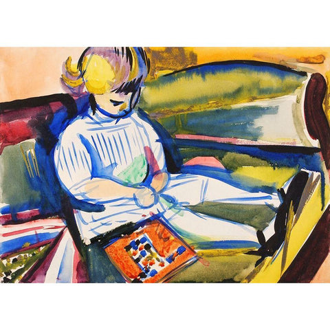 Child on Sofa White Modern Wood Framed Art Print by Sayen, Henry Lyman