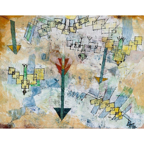 Birds Swooping Down and Arrows White Modern Wood Framed Art Print by Klee, Paul