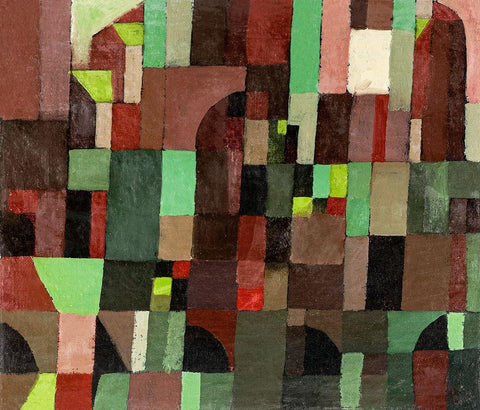 Red and Green Architecture White Modern Wood Framed Art Print with Double Matting by Klee, Paul