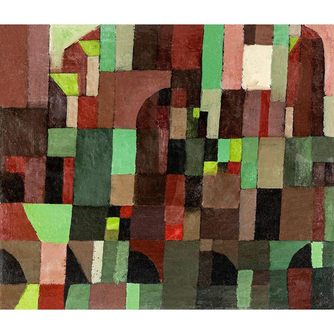 Red and Green Architecture Black Modern Wood Framed Art Print with Double Matting by Klee, Paul