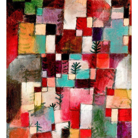 Red green and Violet Yellow Rhythms Gold Ornate Wood Framed Art Print with Double Matting by Klee, Paul