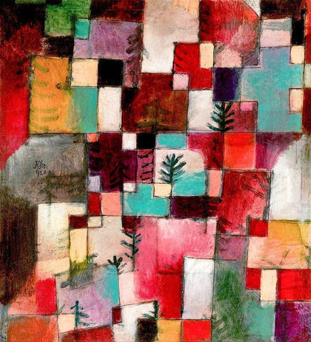 Red green and Violet Yellow Rhythms White Modern Wood Framed Art Print with Double Matting by Klee, Paul