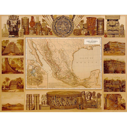 Archaeological Map of Mexico Gold Ornate Wood Framed Art Print with Double Matting by Vintage Maps
