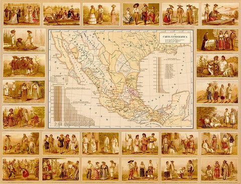 Ethnographic Map of Mexico Black Ornate Wood Framed Art Print with Double Matting by Vintage Maps