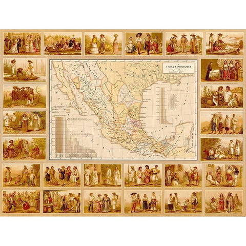 Ethnographic Map of Mexico Black Modern Wood Framed Art Print by Vintage Maps