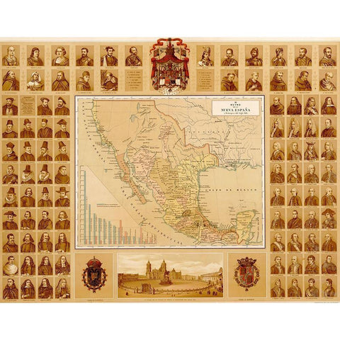 Map of Leaders in New Spain through History Black Modern Wood Framed Art Print with Double Matting by Vintage Maps