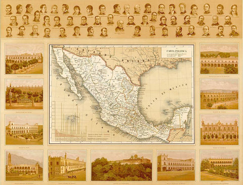 Political Map of Mexico Black Ornate Wood Framed Art Print with Double Matting by Vintage Maps