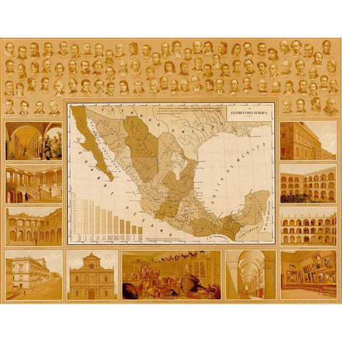 Public Education in Mexico Black Modern Wood Framed Art Print with Double Matting by Vintage Maps