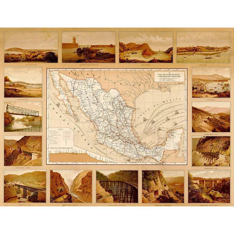 Roads Harbors waterways bridges highways and coastlines of Mexico Gold Ornate Wood Framed Art Print with Double Matting by Vintage Maps