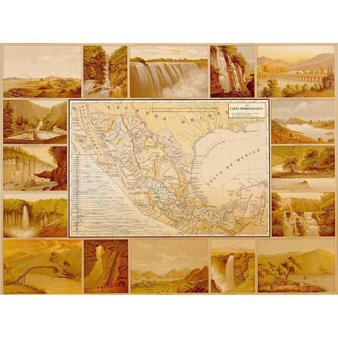 Waterfalls and Dams in Mexico Gold Ornate Wood Framed Art Print with Double Matting by Vintage Maps