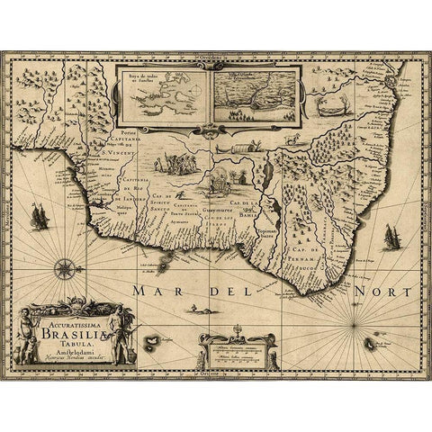 Brazil 1630 Gold Ornate Wood Framed Art Print with Double Matting by Vintage Maps
