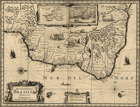 Brazil 1630 Black Ornate Wood Framed Art Print with Double Matting by Vintage Maps