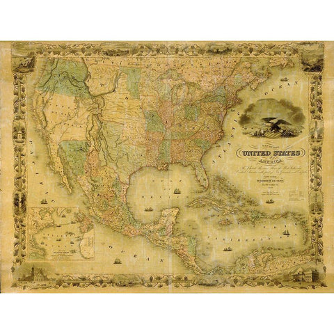 United States Gold Ornate Wood Framed Art Print with Double Matting by Vintage Maps