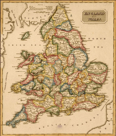 England and Wales 1817 Black Ornate Wood Framed Art Print with Double Matting by Vintage Maps