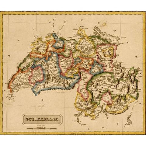 Switzerland 1817 Black Modern Wood Framed Art Print with Double Matting by Vintage Maps