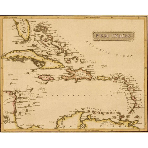 West Indies 1817 White Modern Wood Framed Art Print by Vintage Maps