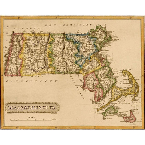 Massachusetts 1817 Gold Ornate Wood Framed Art Print with Double Matting by Vintage Maps