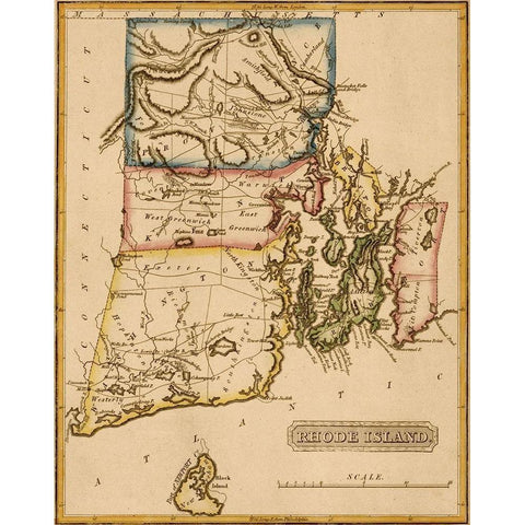 Rhode Island 1817 Black Modern Wood Framed Art Print with Double Matting by Vintage Maps