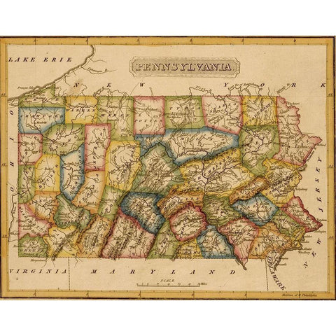 Pennsylvania 1817 Black Modern Wood Framed Art Print with Double Matting by Vintage Maps