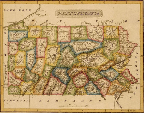 Pennsylvania 1817 Black Ornate Wood Framed Art Print with Double Matting by Vintage Maps