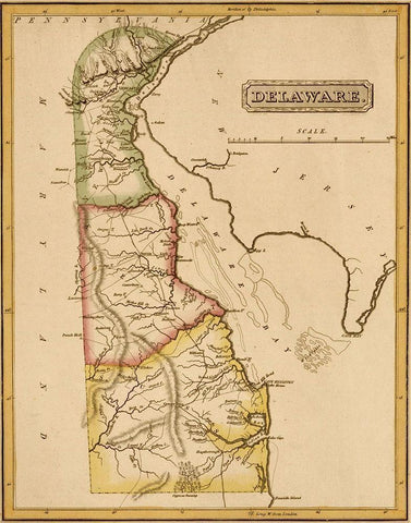 Delaware 1817 Black Ornate Wood Framed Art Print with Double Matting by Vintage Maps