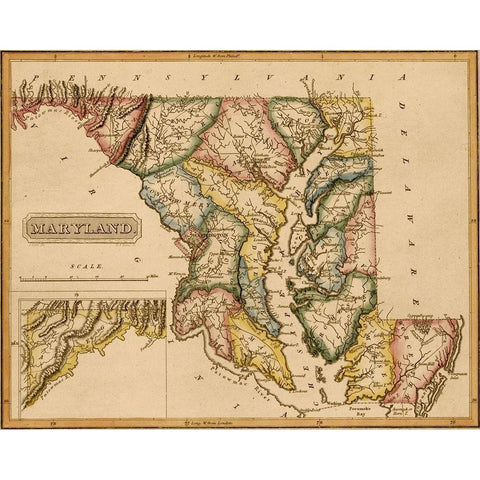 Maryland 1817 Black Modern Wood Framed Art Print with Double Matting by Vintage Maps