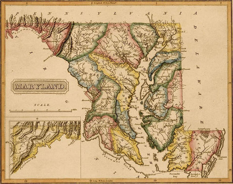 Maryland 1817 White Modern Wood Framed Art Print with Double Matting by Vintage Maps