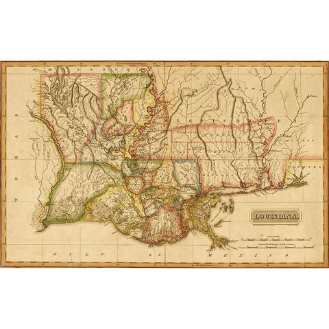 Louisiana 1817 Black Modern Wood Framed Art Print with Double Matting by Vintage Maps