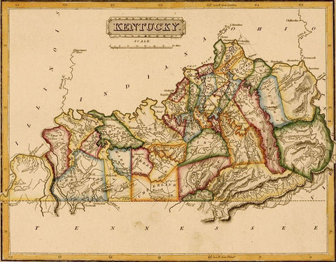 Kentucky 1817 Black Ornate Wood Framed Art Print with Double Matting by Vintage Maps