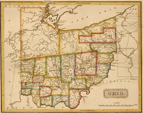 Ohio 1817 Black Ornate Wood Framed Art Print with Double Matting by Vintage Maps