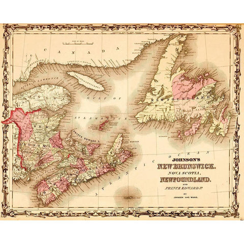 New Brunswick and Newfoundland 1862 Gold Ornate Wood Framed Art Print with Double Matting by Vintage Maps