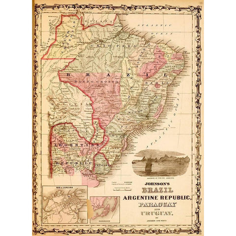 Brazil and Argentina 1862 Black Modern Wood Framed Art Print with Double Matting by Vintage Maps