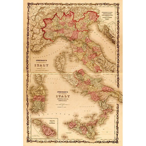 Italy 1862 Gold Ornate Wood Framed Art Print with Double Matting by Vintage Maps